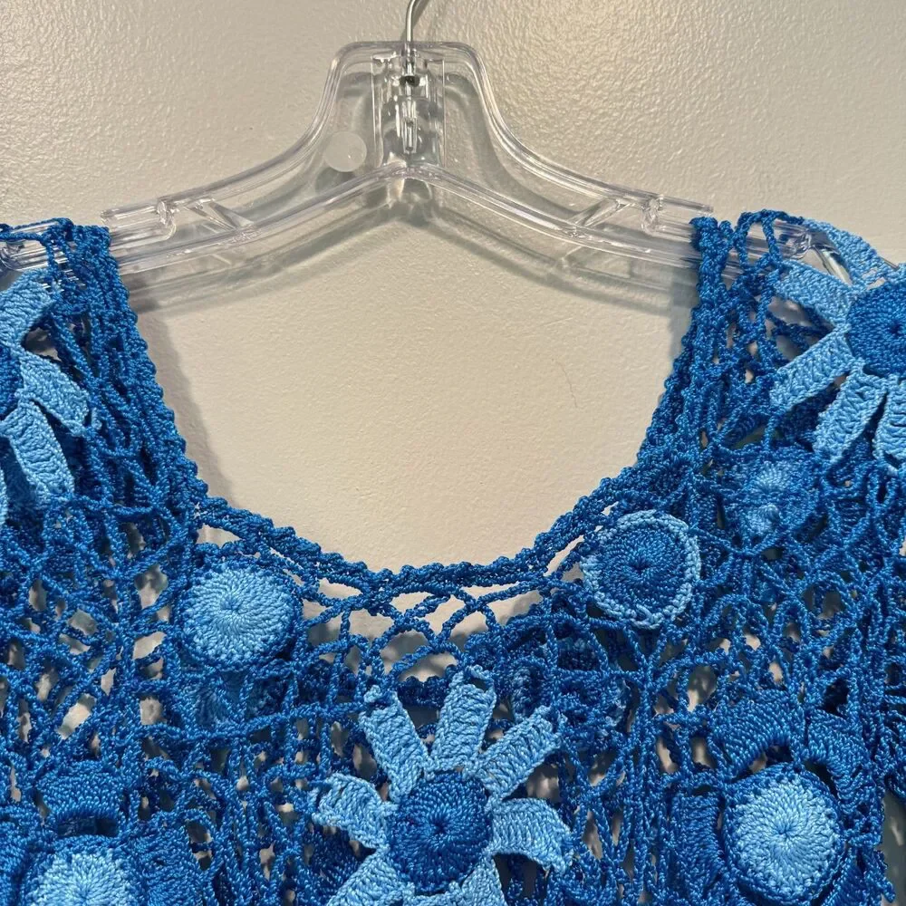 Hand Crocheted Top Floral Mesh Open Knit Long Sleeve Boho Blue Beach Women Small